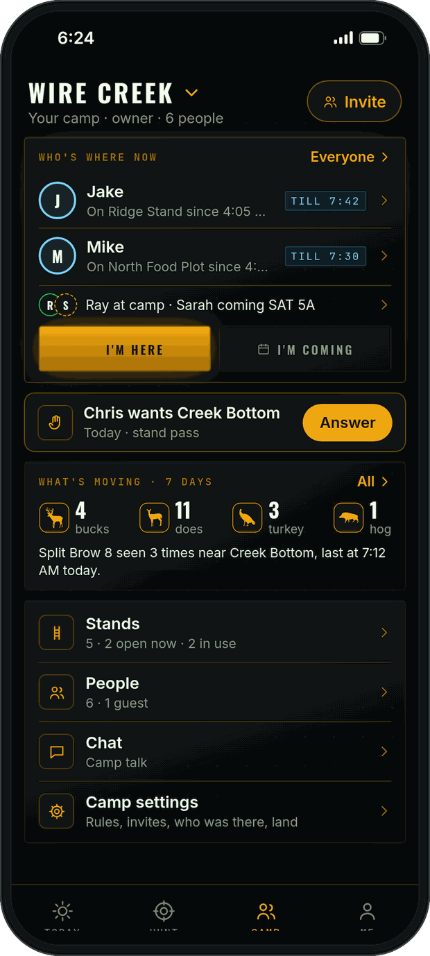 Camp in Guided: who’s where now, with Jake on Ridge Stand, Mike on North Food Plot and Ray at camp, I’m here and I’m coming buttons, a stand request to answer, what’s moving this week, and Stands, People, Chat and Camp settings