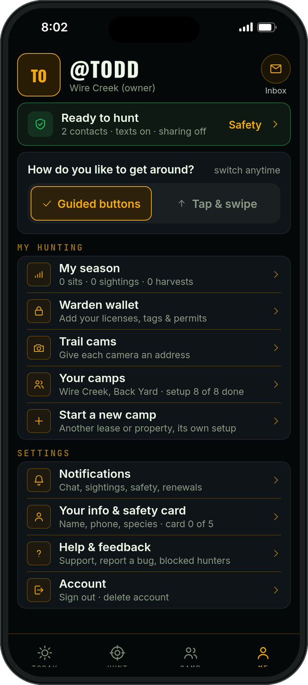 Rendering of the Build 15 Me screen: Ready to hunt with 2 contacts and texts on, the Guided buttons or Tap and swipe switch, My season, Warden wallet, Trail cams, Your camps and Start a new camp