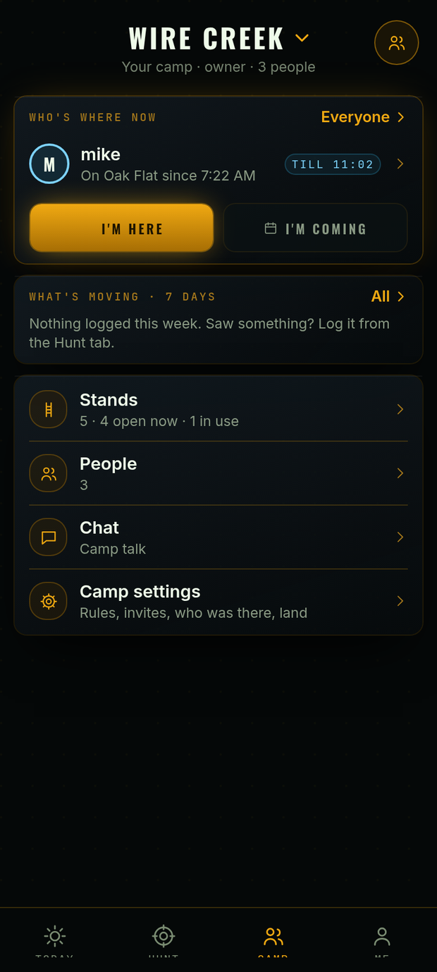 Camp in Guided: who’s where now, with Mike on Oak Flat, I’m here and I’m coming buttons, what’s moving this week, and Stands, People, Chat and Camp settings