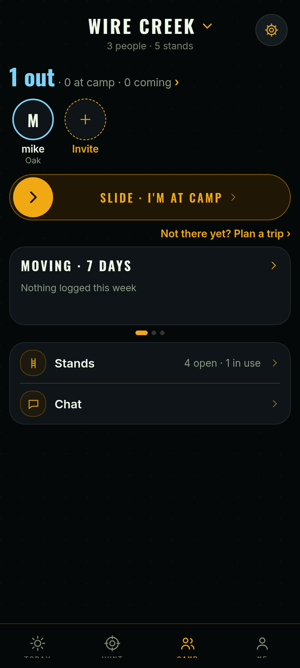 Camp in Tap & swipe: 1 out, a face for each hunter with where they are, Slide I’m at camp, and what’s moving in the last 7 days