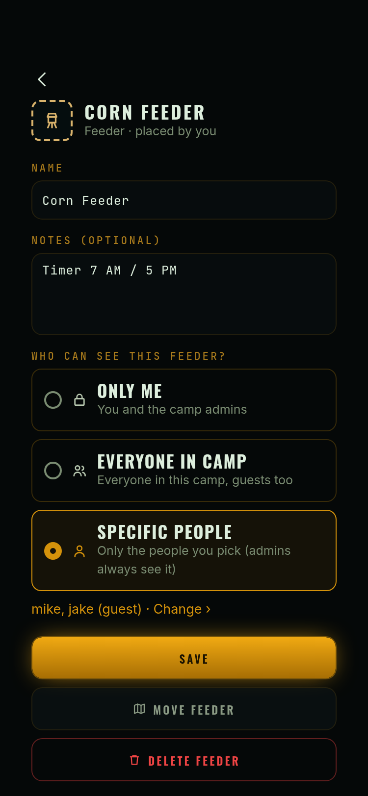 Editing a corn feeder: name, notes, and who can see it, with Only me, Everyone in camp or Specific people picked, plus Move and Delete